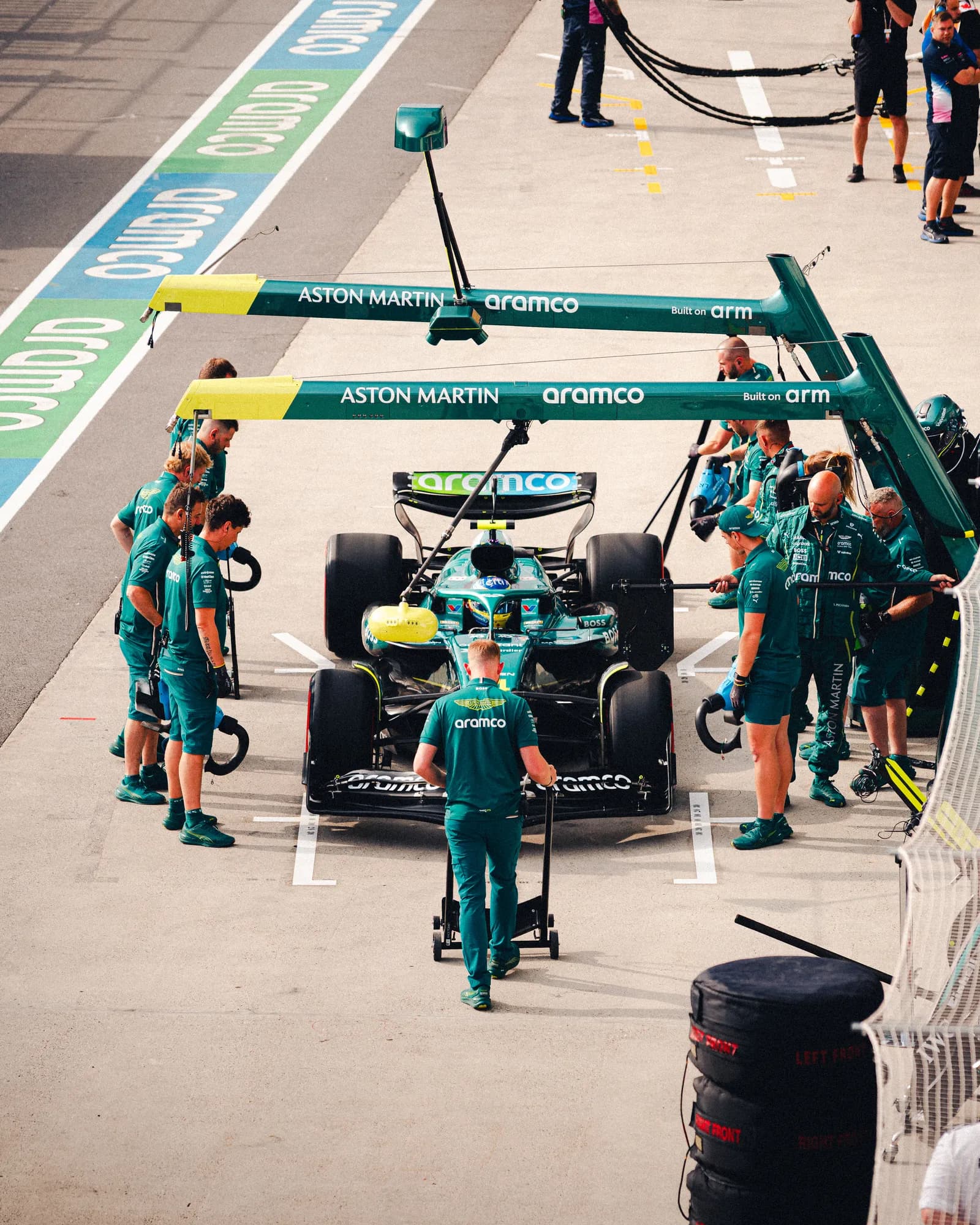 Aston Martin crew rehearsing a pit stop